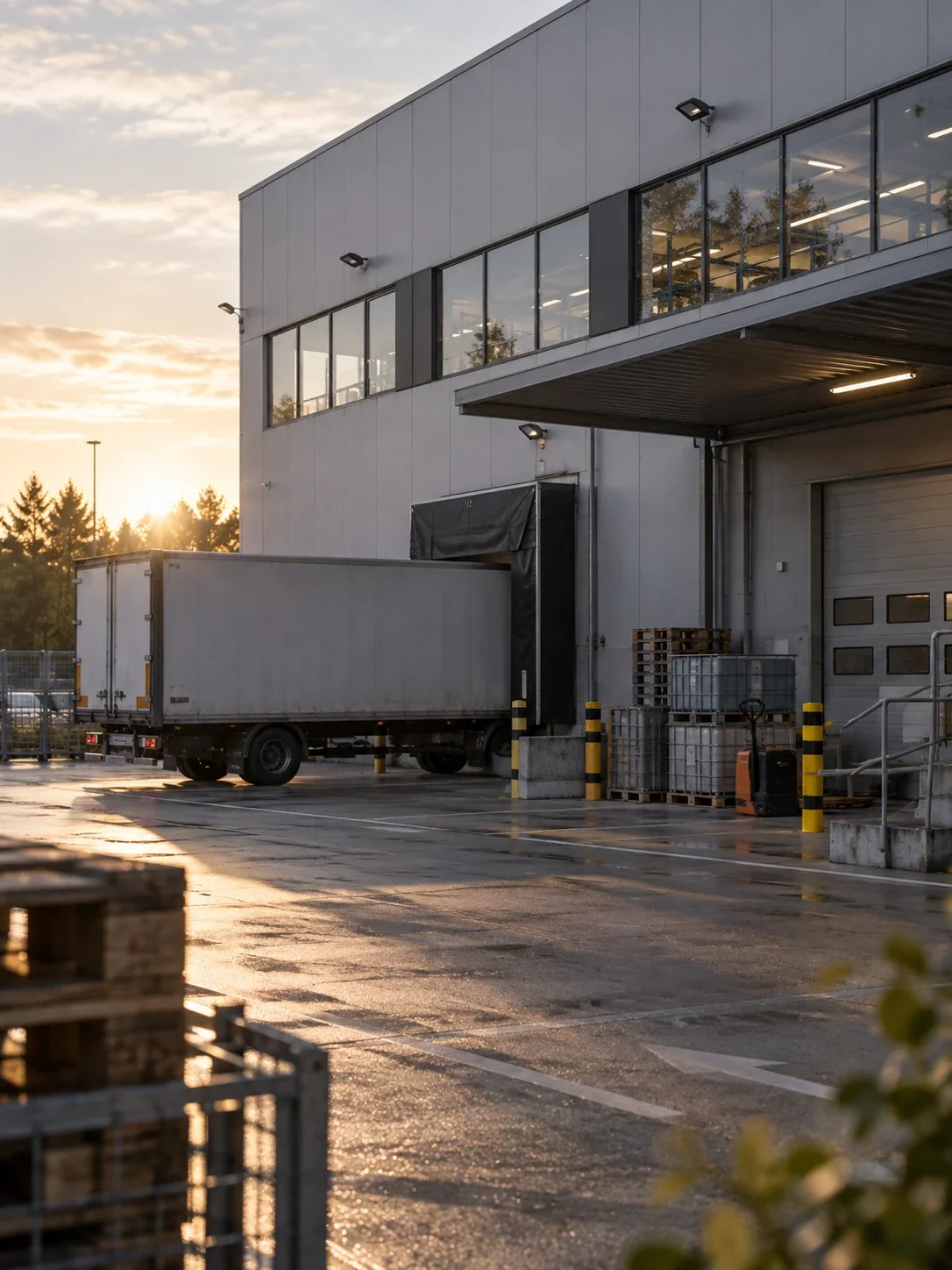 Außenansicht eines Logistik- oder Industriegebäudes bei Abendlicht