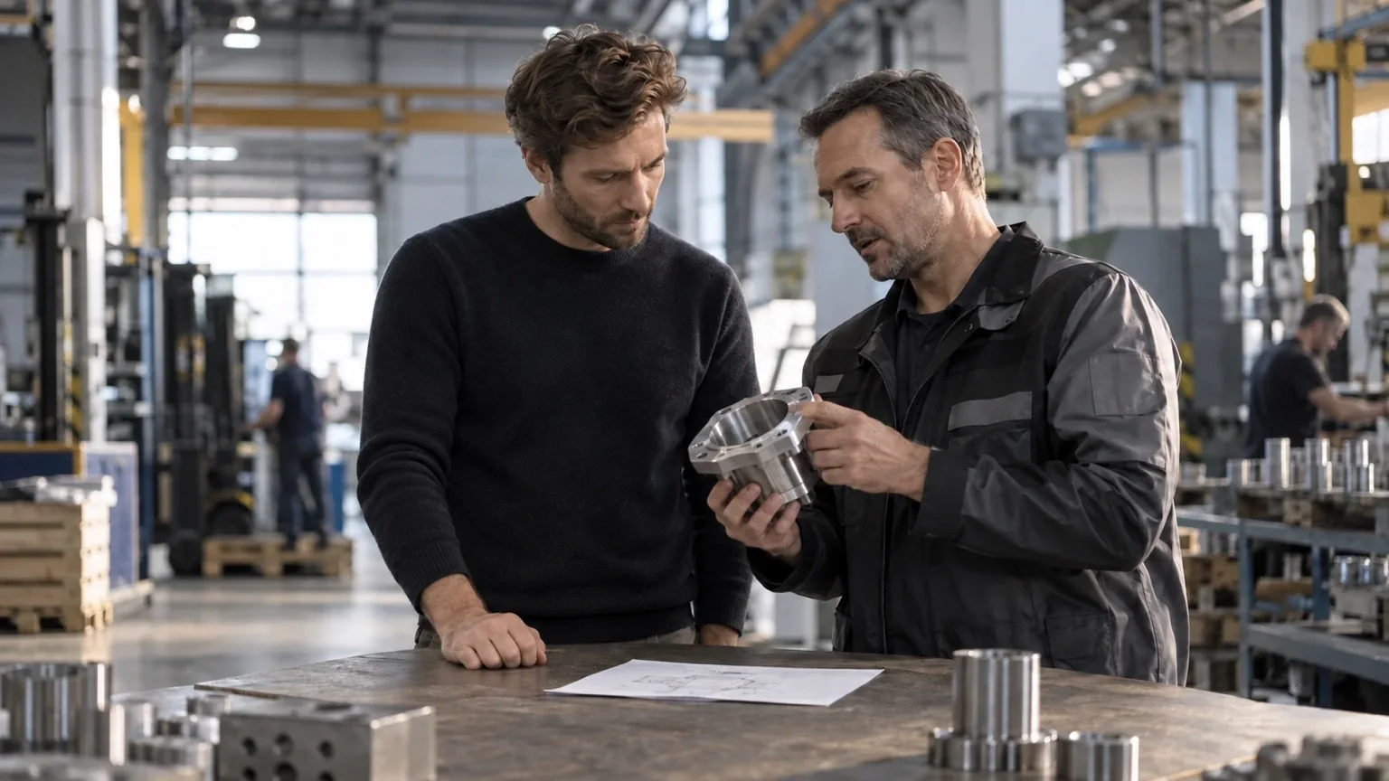 Fachgespräch am Werktisch über ein reales Bauteil