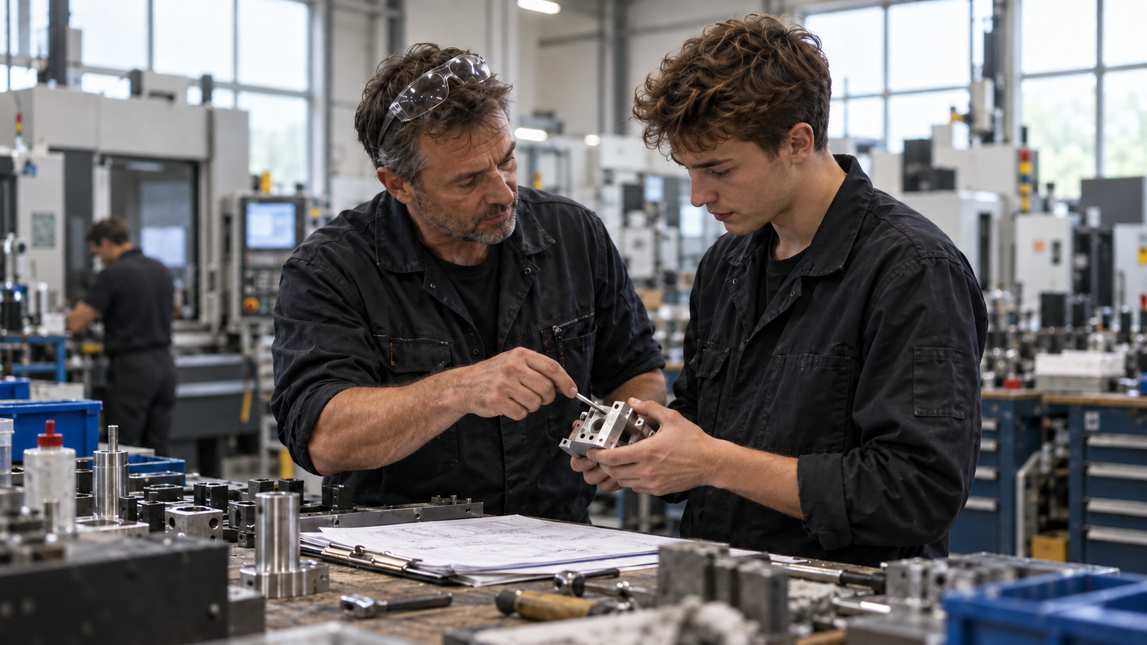 Erfahrener Mitarbeiter erklärt einem jüngeren Kollegen ein Bauteil in der Werkstatt