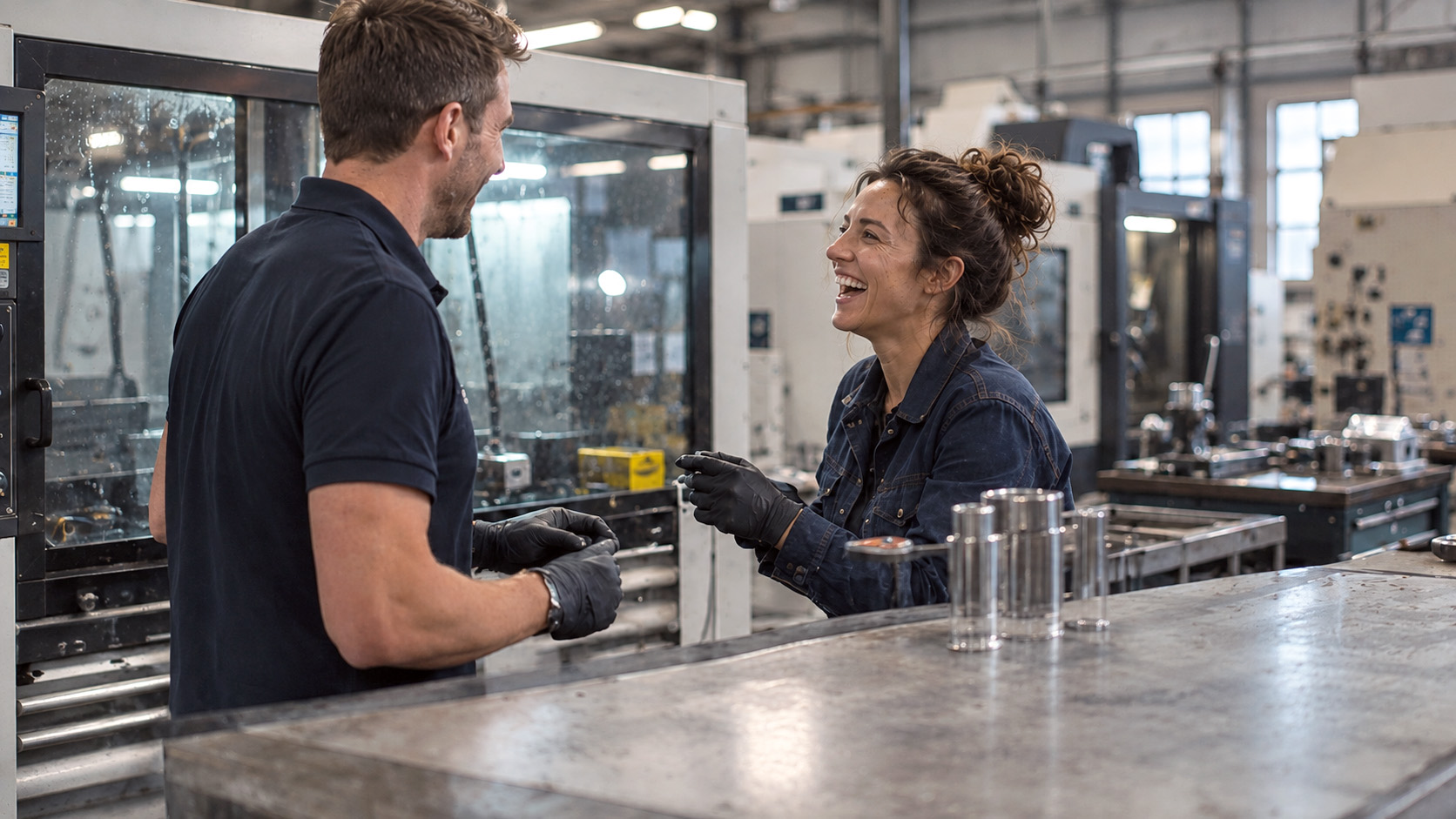 Zwei Kollegen im Gespräch in der CNC-Werkstatt